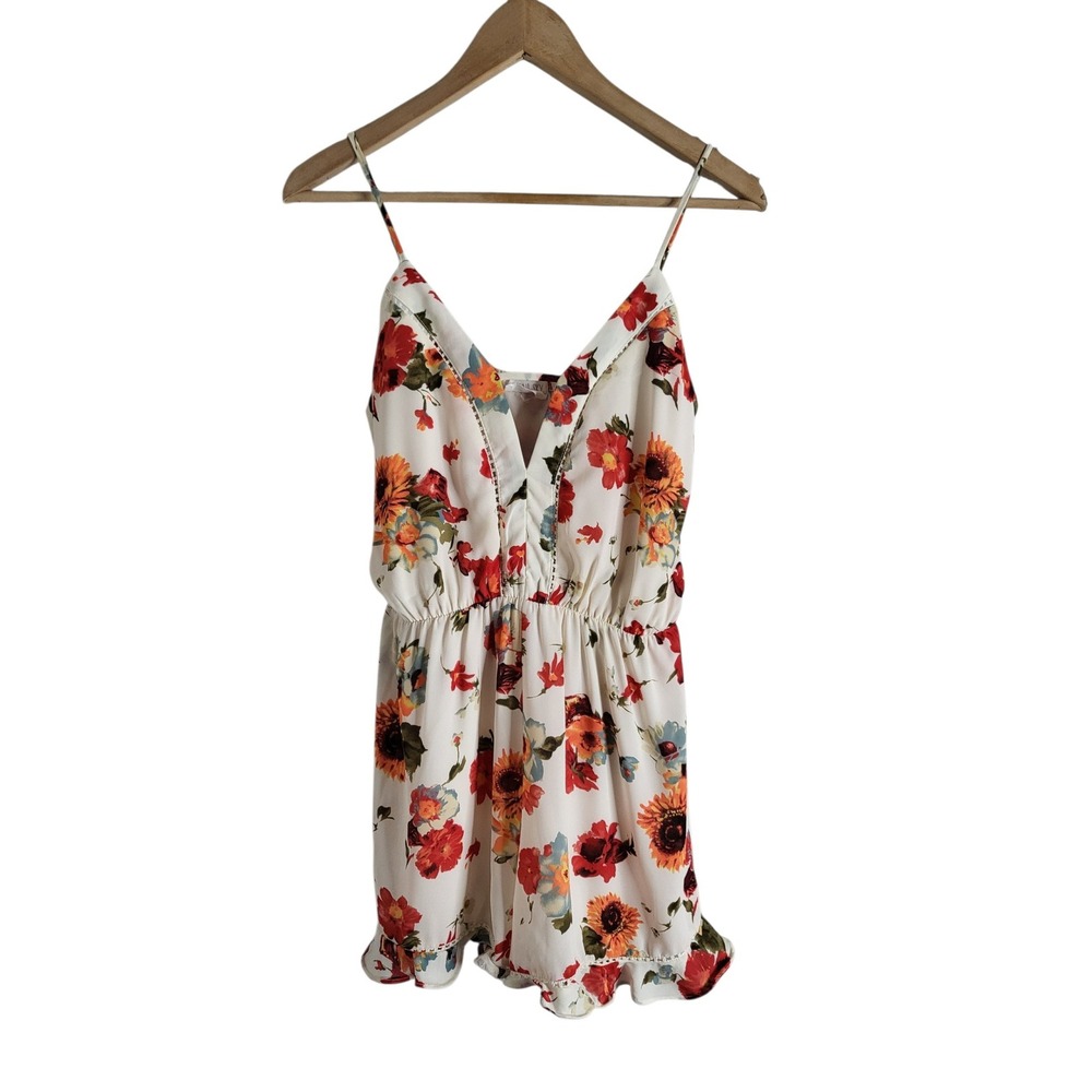 Sienna Sky Floral V-Neck Romper White Red Sunflower Ruffle Hem M Cottagecore
